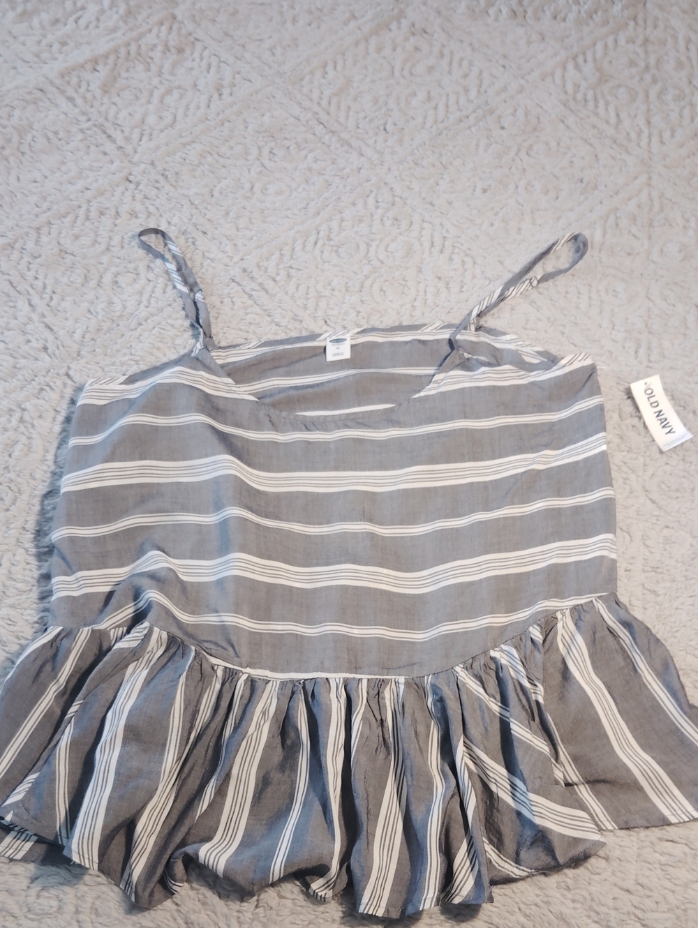 Old Navy Gray & White Striped Ruffle-Hem Spaghetti Strap Blouse